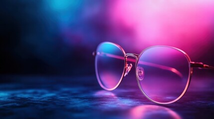 A fashionable pair of sunglasses sits on a glossy surface, illuminated by soft, colorful lights, representing trendiness and summer vibes while enhancing personal style and chic aesthetics.