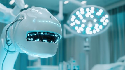 An advanced robotic surgical system featuring a high-tech robotic arm and illuminated surgical lights, representing the future of healthcare technology and medical innovation.