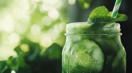 Invigorating cucumber and mint infused water captured in a mason jar