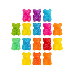 Colorful gummy bear candies arranged in a playful pattern on a bright background for sweet treat lovers