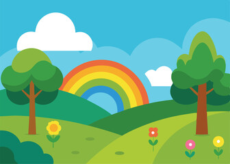 Naklejka premium landscape with rainbow and trees
