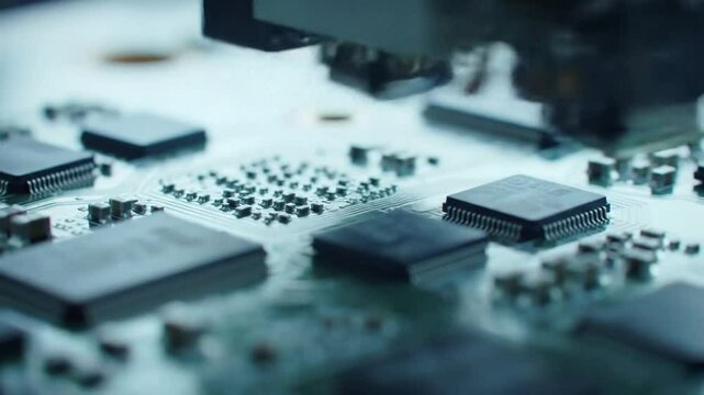 Macro slow pan across a printed circuit board with dust removal system running.

