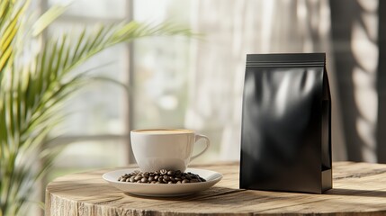 A serene morning scene showcasing a cup of freshly brewed coffee paired with roasted coffee beans, placed on a rustic wooden table under soft natural light.