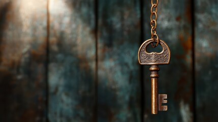 This image features a vintage key intricately designed, suspended against a beautifully textured dark background, evoking a sense of mystery and nostalgia.