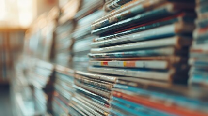 A beautifully arranged stack of magazines in soft focus, representing various styles and topics, perfect for any stylish living space or a cozy reading nook.