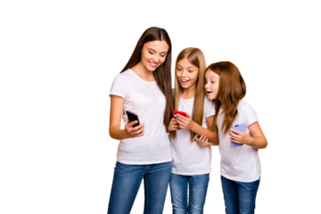 Photo of three funny ladies holding telephones watching humor video wear casual clothes isolated yellow background
