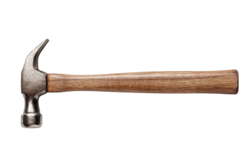 Hammer with wooden handle and metal head, isolated on pure transparency background, showcases its sturdy design and functionality, perfect for various construction tasks