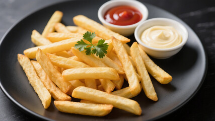 Delicious French Fries with Dipping Sauces on Wooden Table