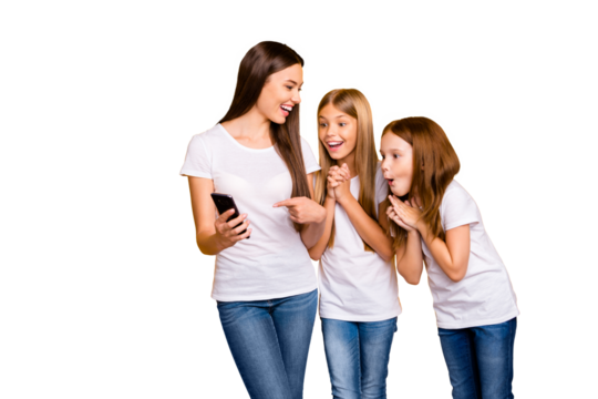 Photo of three funny ladies holding telephone laughing over humor video wear casual clothes isolated yellow background