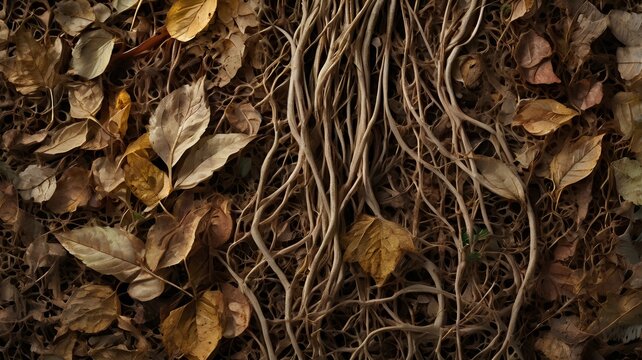 roots of dever, roots of plants, fallen leaves, soil