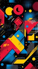 Bold Geometric Abstract: Vibrant Red, Blue, Yellow Shapes on Black