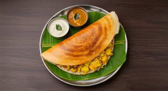 Overhead shot of a folded masala dosa on a banana leaf or plate, placed at the top left third.