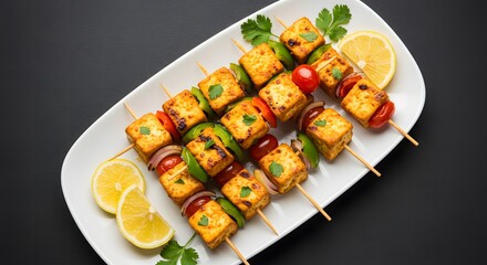 Top view of skewers with grilled paneer cubes and vegetables, arranged diagonally toward