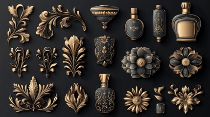 Elegant golden filigree ornament collection on a black background for decor design