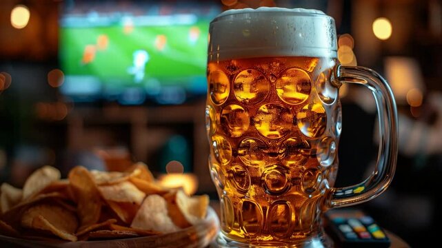 A beer in a pint glass stands next to a plate of chips in the background of a soccer broadcast