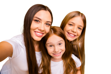 Photo of three sister ladies making funny selfies wear casual white t-shirts isolated yellow background
