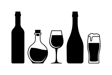 Wine beer and liquor bottles and glass silhouette