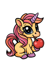 Cute unicorn with red apple 