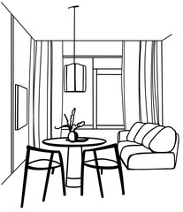 Living room graphic black white home interior sketch illustration vector. Hand drawn sofa and table
