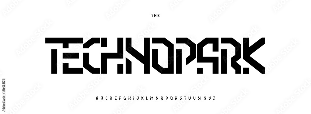 Aufkleber modern techno alphabet, robotic font design, bold geometric letters in futuristic geometric modular 