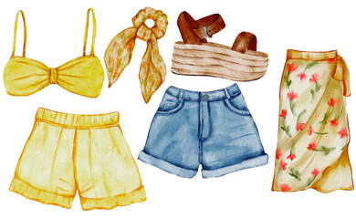 Set of summer clothes in yellow color watercolor clipart