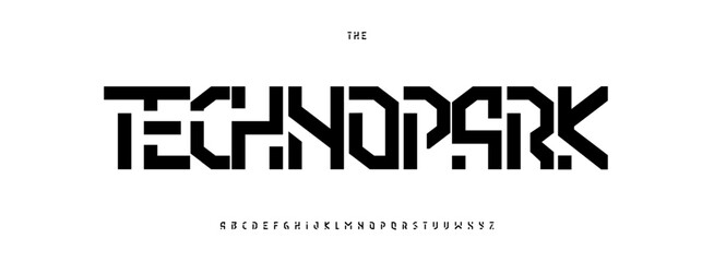 Modern Techno Alphabet, Robotic Font Design, Bold Geometric Letters in Futuristic Geometric Modular Style for Digital Branding, Interfaces, Tech. Abstract Digital Display Typography. Vector typeset