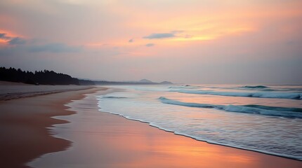 A high-resolution stock photo a beach, commercial quality, dramatic cinematic style, warm reds, oranges, and yellows, film-like composition and lighting