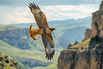 Brown Hawk Flying Over Rocky Mountain Cliff with Green Valley Below
