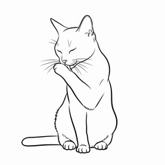Purrfect Grooming: A serene contour drawing depicts a cat in the midst of its self-grooming ritual, the image exudes a sense of calm, minimalism, and domestic elegance.
