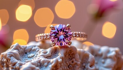 a ring with a prominent pink diamond, likely an emerald cut stone, set in a gold tone metal