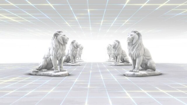 A looping background flying through endless rows of lion statues on a neon grid floor.