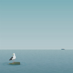Minimalist seascape have a seagull on a bottle of liquor floating in the middle of the sea have a yacht far away graphic illustration square template.