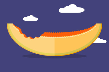 Flat design of a bitten cantaloupe slice with orange pulp and clouds. Playful summer fruit illustration, ideal for food graphics, packaging, kids posters, and healthy snacks.