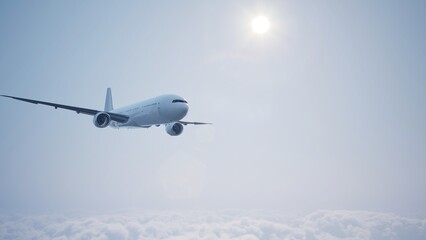 Airplane in the sky, over the cloudy sky