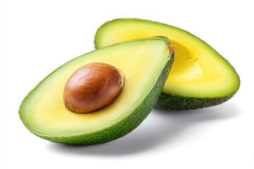 A fresh avocado, cut in half, isolated on a white background.
