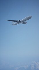 Airplane in the sky, over the cloudy sky
