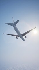 Airplane in the sky, over the cloudy sky