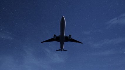 Airplane in the sky, over the cloudy sky