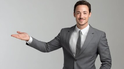 Professional businessman in gray suit presenting an empty space with open hand, showing with a light smile against neutral gray background - Powered by Adobe