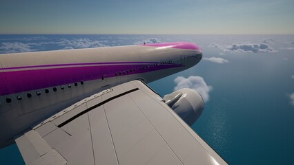 Airplane in the sky, over the cloudy sky