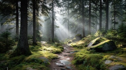 Obraz premium Sunlit Path Through a Verdant Forest, Evoking Serenity and Environmental Awareness for Nature Conservation Campaigns : Generative AI