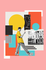 Conceptual art collage. City navigation shows man walking with smartphone, abstract map layers and city collage in background. Retro pixel style. Concept of digital travel, city guide, urban walking
