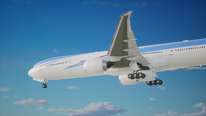 Airplane in the sky, over the cloudy sky