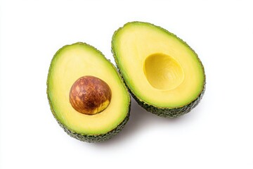 A fresh avocado, cut in half, isolated on a white background.