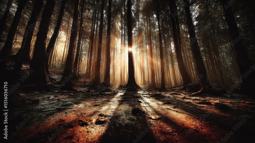 Poster sunlight streaming through tall trees in forest, evoking serenity and a sense of natural wonder for 