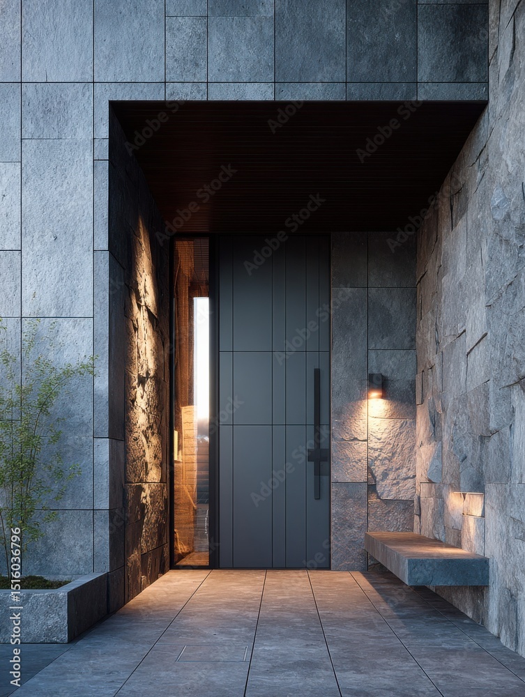 Poster modern home entrance with stone walls and minimalist bench, showcasing architectural design and real