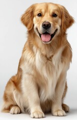 Obraz premium Happy Golden Retriever Dog Sitting on White Background, Representing Animal Companionship and Pet Adoption : Generative AI