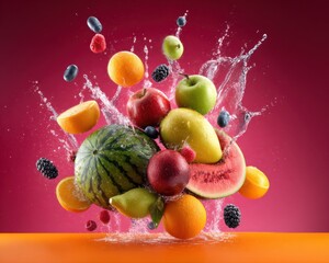 Colorful Fruits Suspended in Mid-Air With Splashing Water, Showcasing Freshness and Healthy Eating for Food Advertising and Nutrition Campaigns : Generative AI