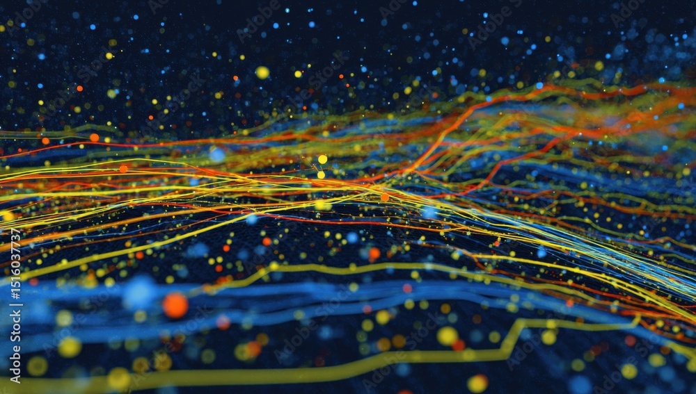 Fototapete abstract data stream visualization with glowing particles, illustrating connectivity and digital tra
