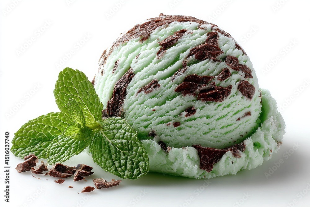Poster Mint Chocolate Chip Ice Cream Scoop With Fresh Mint Leaves, Representing Refreshment and Summer Indulgence, Perfect for Food Bloggers and Culinary Enthusiasts : Generative AI
